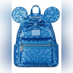 Loungefly Disney Parks Minnie Mouse Blue Hydrangea Sequin Mini Backpack